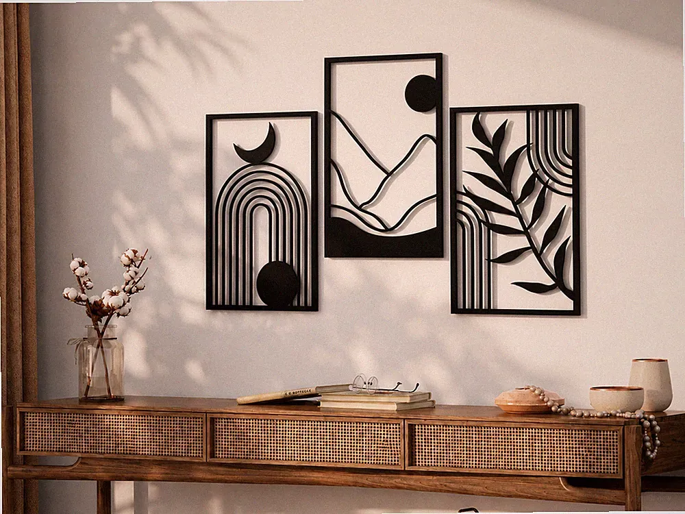 3er Set Wandbilder, minimalistische Boho Dekoration mit Mond, Bergen und Blättern