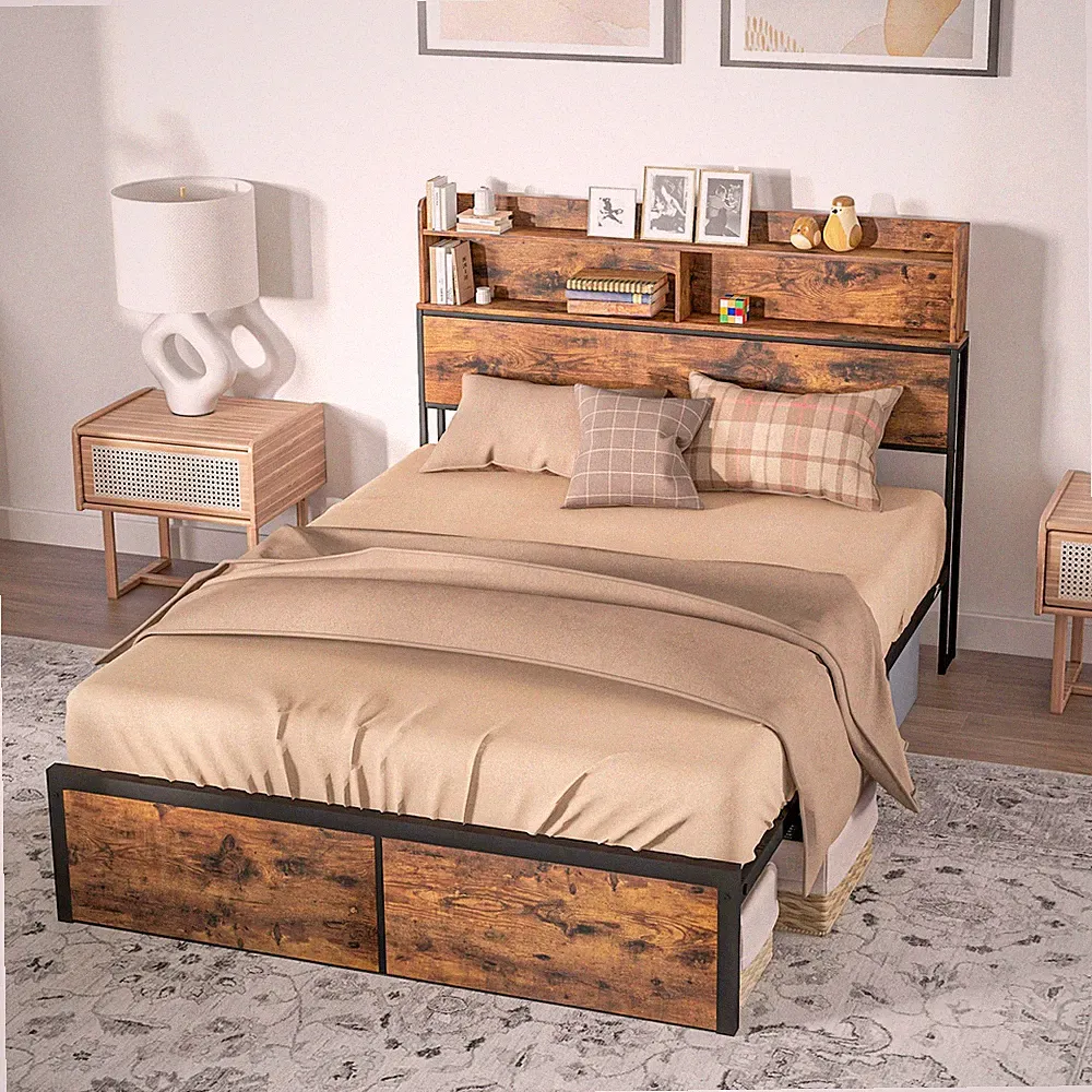4,6 Fuß Doppelbettgestell mit Stauraum Kopfteil und Stauraum unter dem Bett 141 x 207 cm