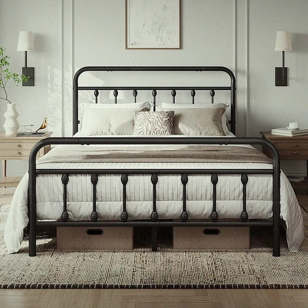 4 Fuß 6 Doppelbettgestell Vintage Eisen Plattformbett mit hohem Kopfteil und Fußteil