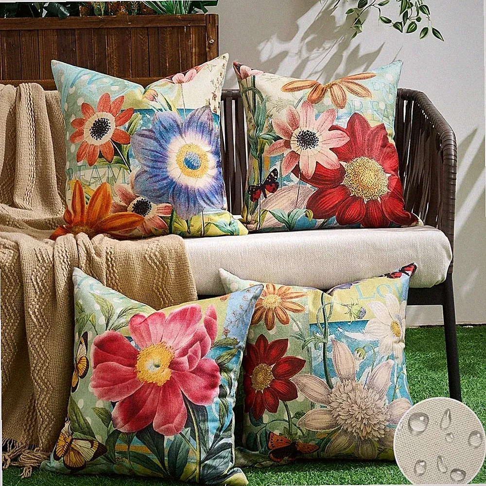 4 Stück Leinen Kissenhüllen 40x40cm Blumen Muster Outdoor