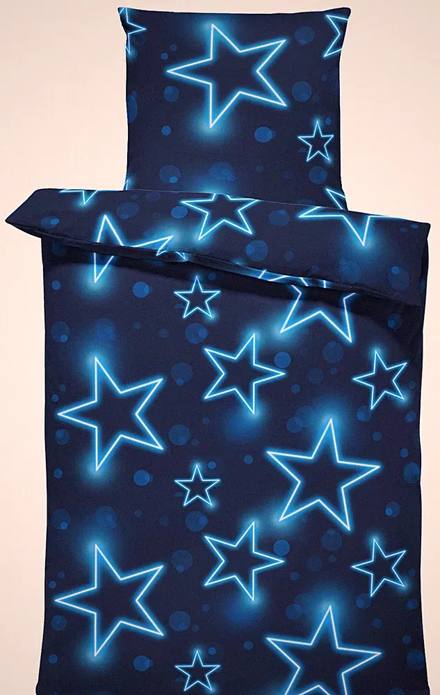 4 teilig Sterne Bettwäsche 135x200 cm Stern Stars blau leuchtoptik Mikrofaser