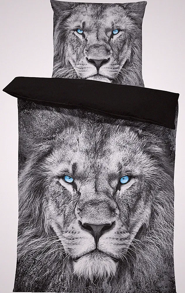 4 teilig Wende Bettwäsche 135x200 cm Löwe grau silber schwarz Tiere Mikrofaser