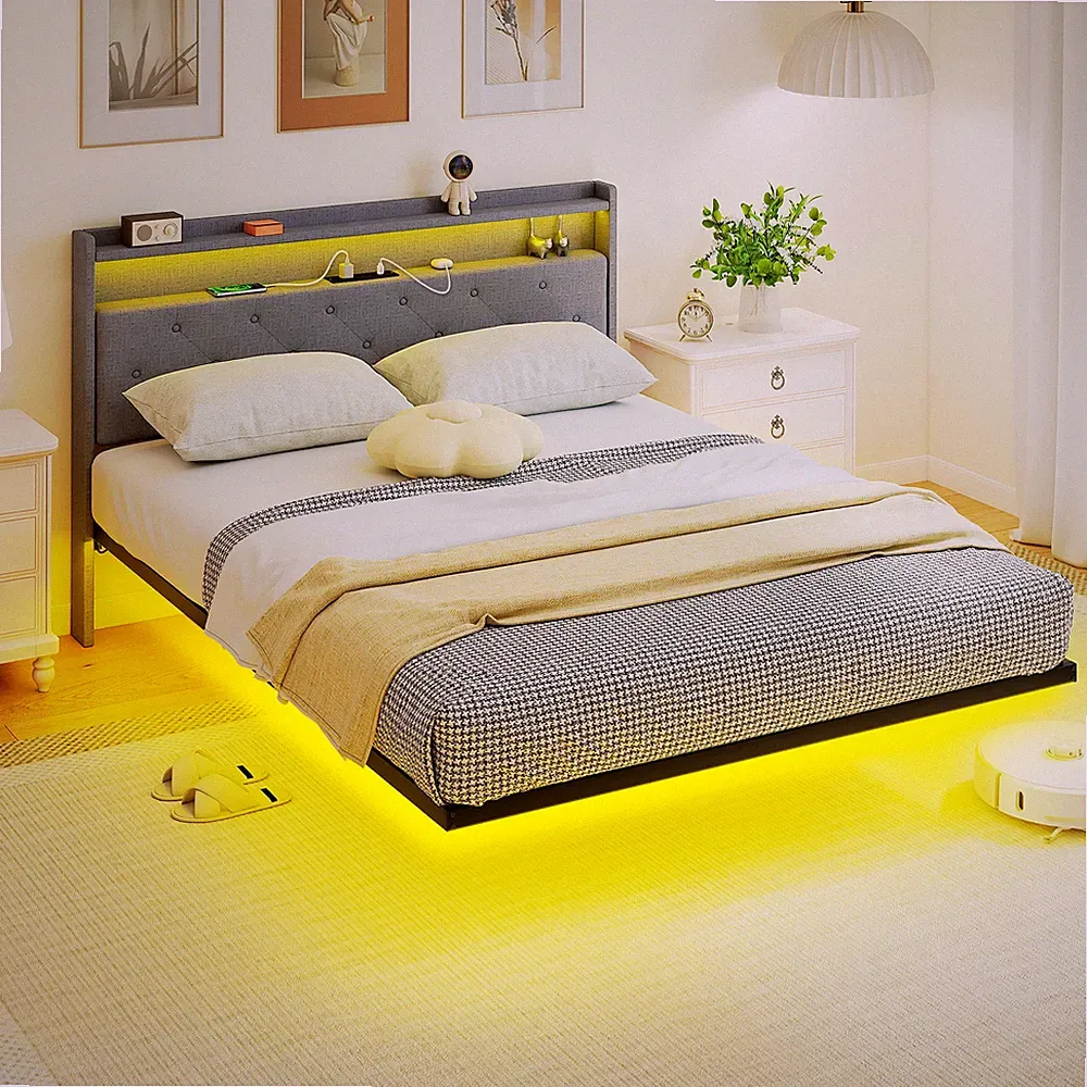 5 Fuß King Size Bettgestell mit RGB LED-Leuchten, schwebendes Polsterbett, grau