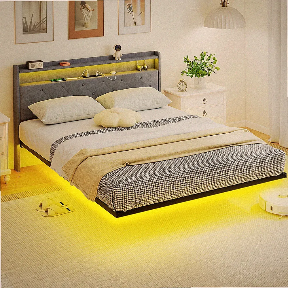 5 Fuß King Size Bettgestell mit RGB LED-Leuchten, schwebendes Polsterbett, grau