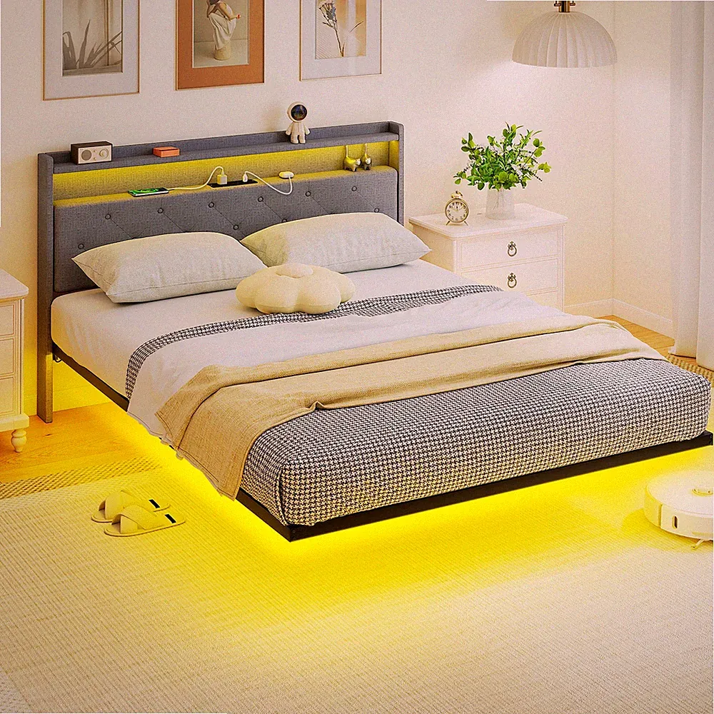 5 Fuß King Size Bettgestell mit RGB LED-Leuchten, schwebendes Polsterbett, grau