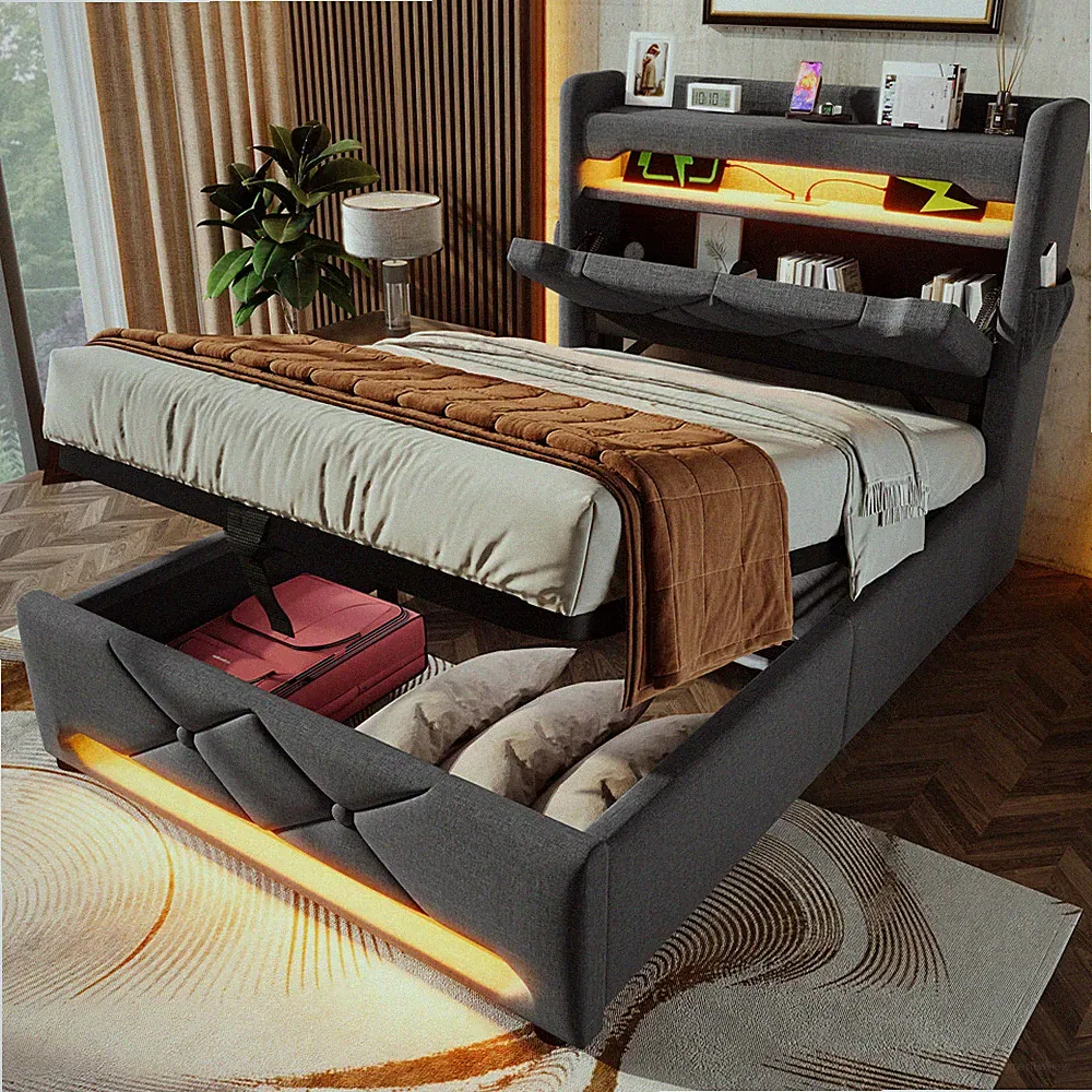 90/140/160/180x200cm Polsterbett Doppelbett mit Stauraum LED Kopfteil,Lattenrost