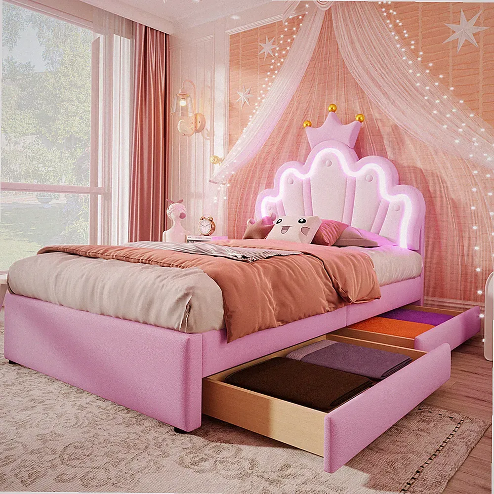 90/140x200cm Polsterbett Prinzessinnen Kinderbett LED Kopfteil mit 2 Schubladen