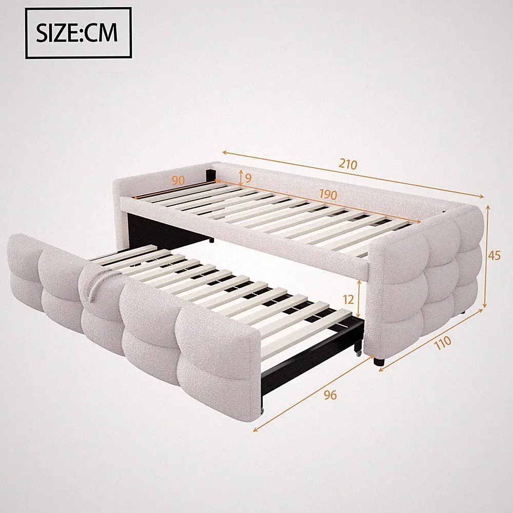 90/180x190cm Tagesbett mit Ausziehbaresbett Schlafsofa Polsterbett, Lattenrost