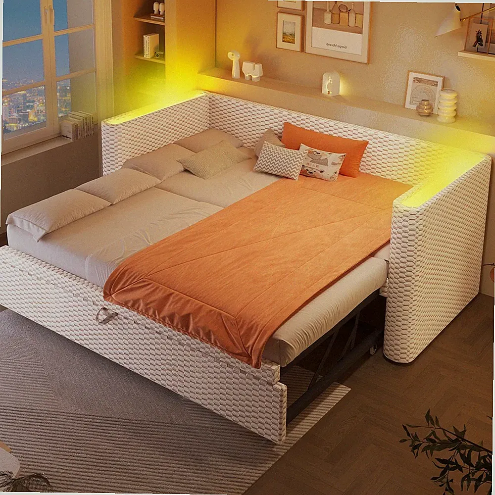 90/180x200cm Tagesbett mit Ausziehbett, Schlafsofa Samt Polsterbett, Lattenrost