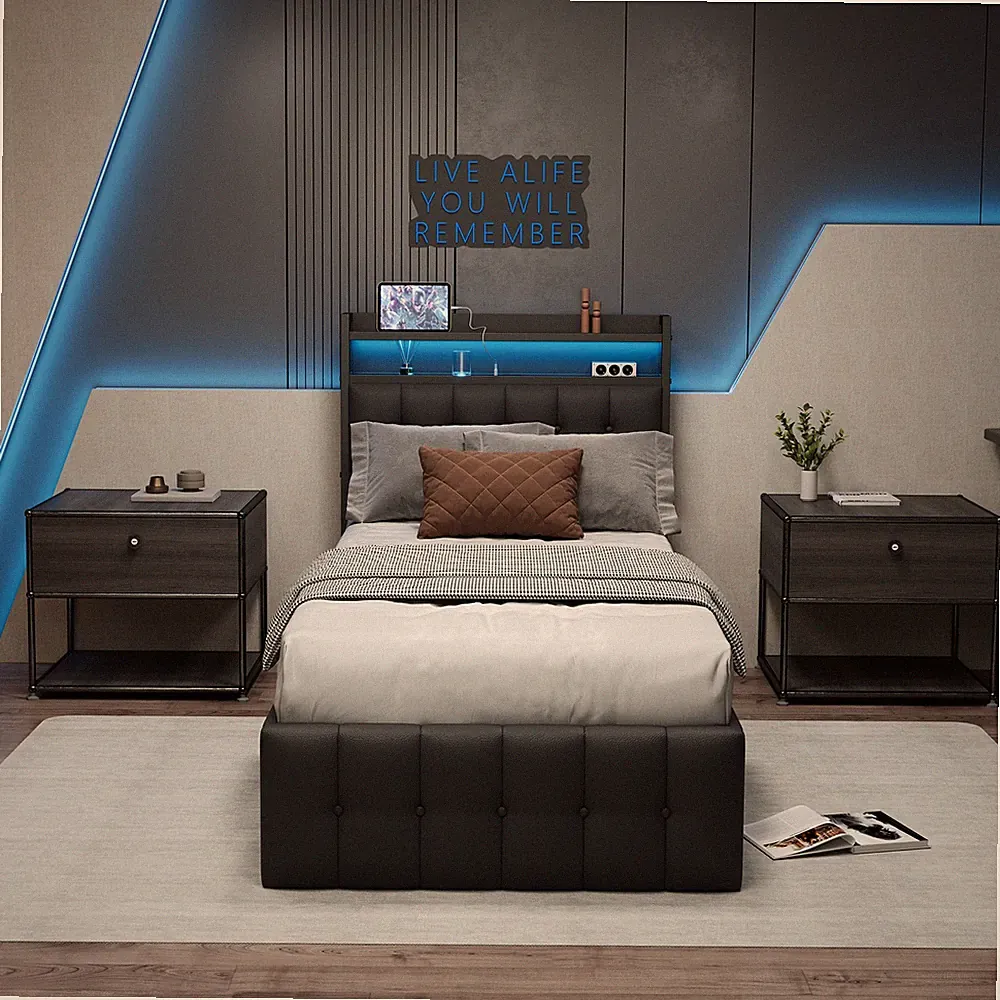 90x200 cm Einzelbett Polsterbett Boxspringbett mit Stauraum LED USB PU