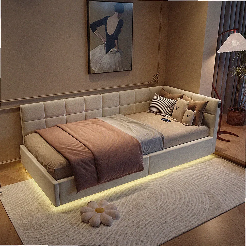 90x200 cm Polsterbett Kinderbett mit LED USB Lattenrost Stauraum Boxspringbett.