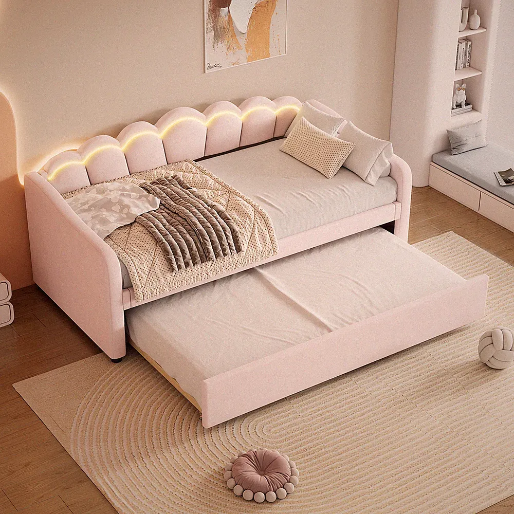 90x200 cm Tagesbett mit Ausziehbarem Bett LED Schlafsofa Polsterbett Kinderbett