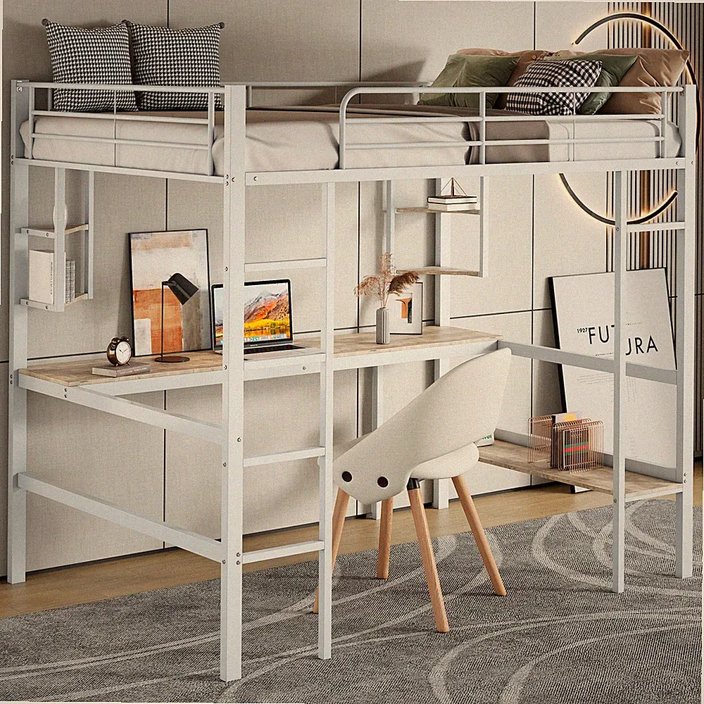 90x200 cm Weiß Metallbett Hochbett mit Schreibtisch Bücherregal