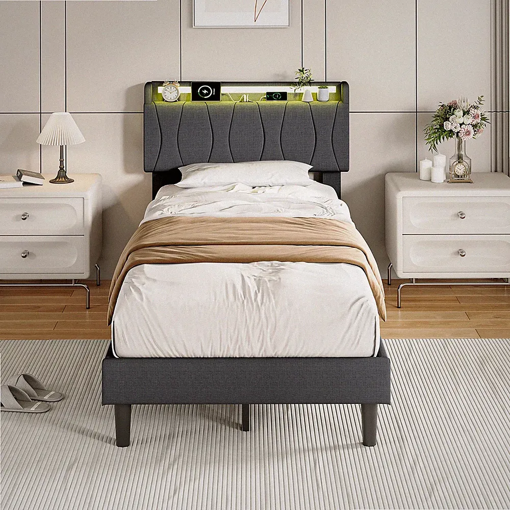 90x200 Einzelbett Polsterbett mit LED&USB,Jugendbett Bettgestell mit Lattenrost