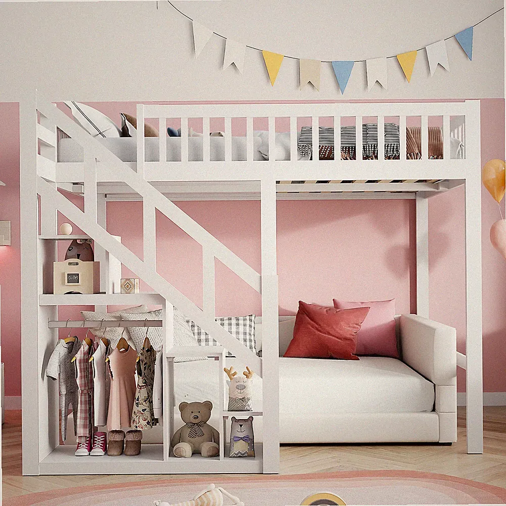 90x200 Kinderbett Etagenbett Hochbett Massiv Stockbett mit Stufenleiter Staufach