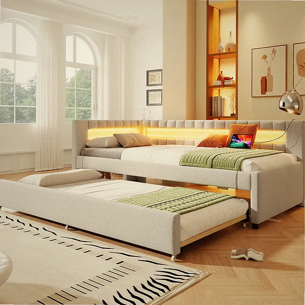 90x200cm 140x200cm Tagesbett mit Ausziehbett, LED Schlafsofa Kinderbett USB Port