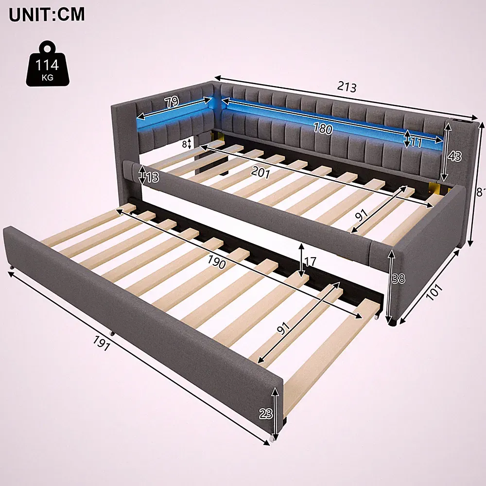 90x200cm 140x200cm Tagesbett mit Ausziehbett,Schlafsofa LED Polsterbett USB Port