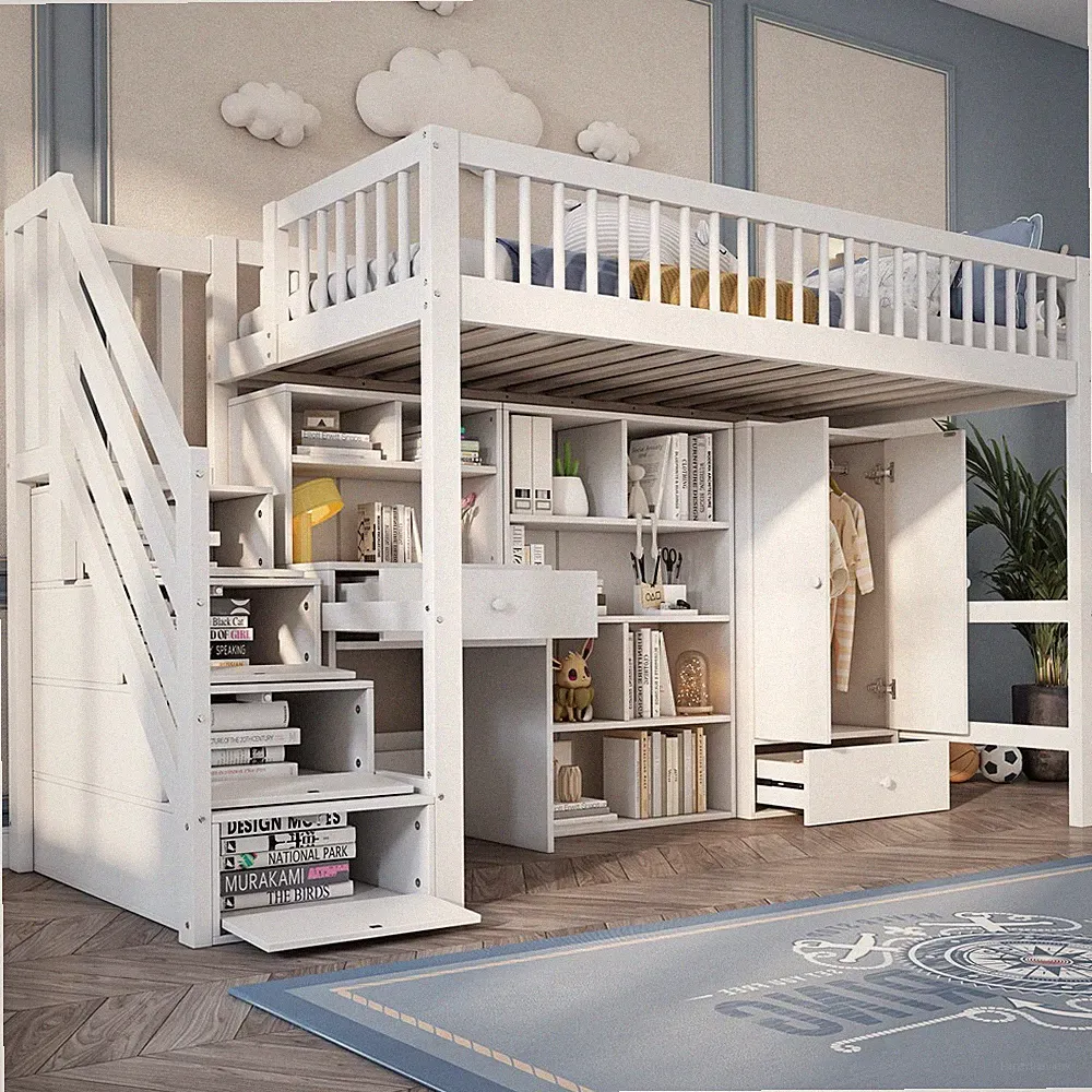 90x200cm Hochbett Kinderbett Holzbett mit Kleiderschrank, Treppe, Schreibtisch