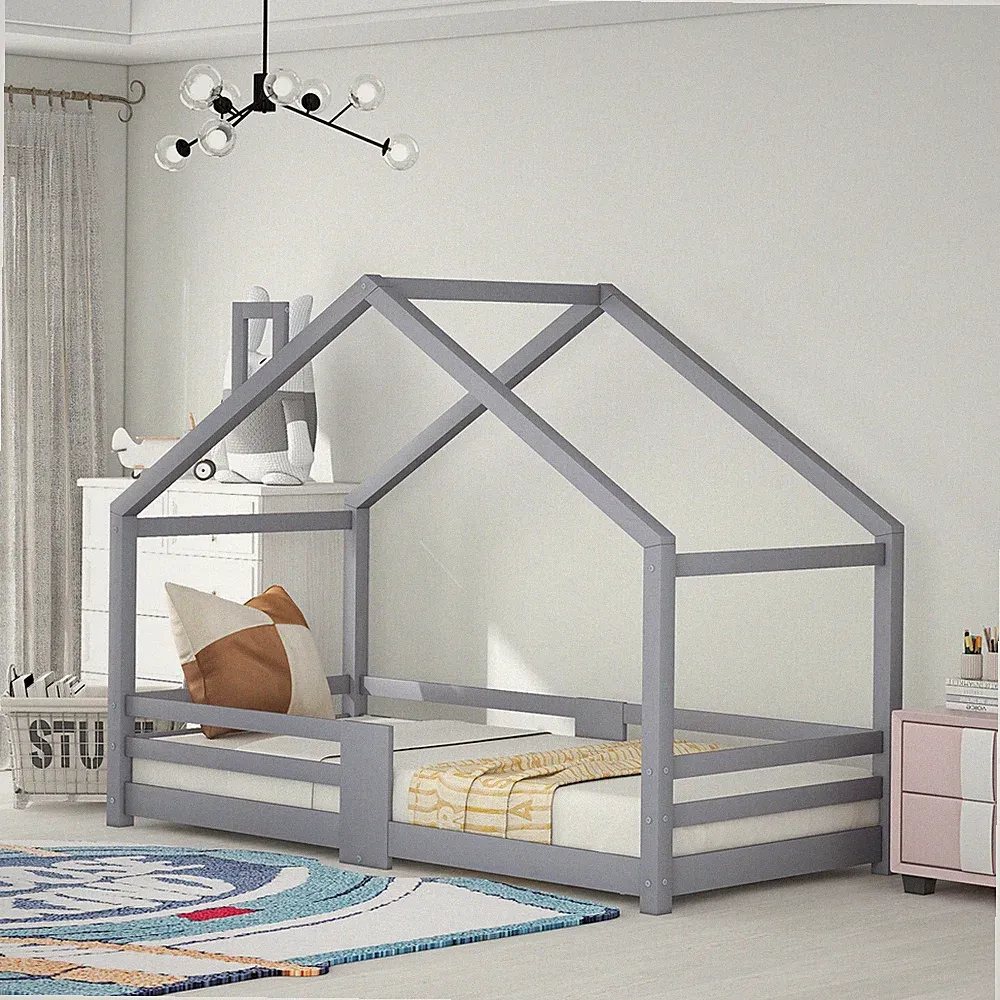 90x200cm Kinderbett Hausbett mit Rausfallschutz Haus Kiefernholz Grau Bettenhaus