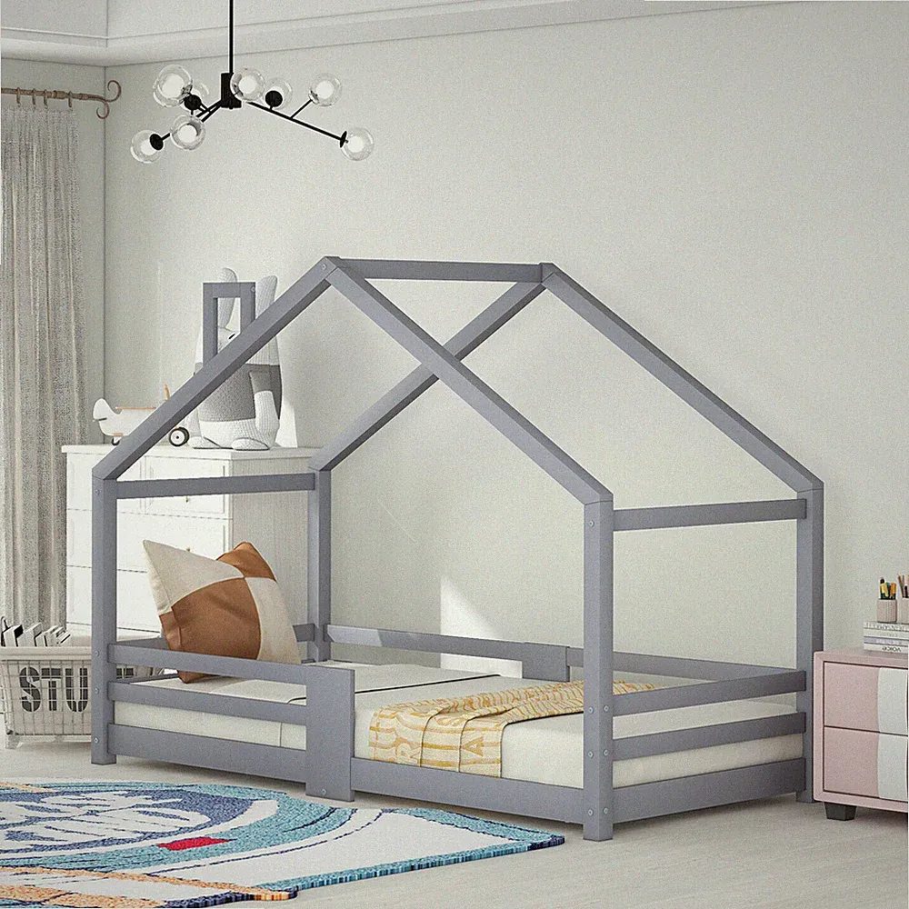 90x200cm Kinderbett Hausbett mit Rausfallschutz Haus Kiefernholz Grau Bettenhaus