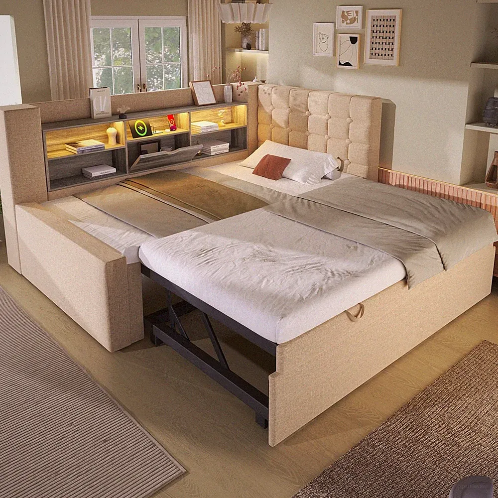90x200cm LED Polsterbett Leinen Tagesbett mit Ausziehbett, 180x200cm Schlafsofa