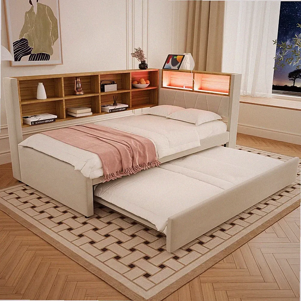90x200cm Tagesbett mit Ausgestattet,Schlafsofa LED Kinderbett Polsterbett Regale