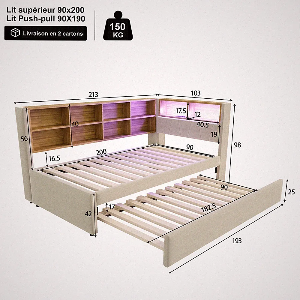 90x200cm Tagesbett mit Ausgestattet, Stauraum Schlafsofa LED Kinder Polsterbett