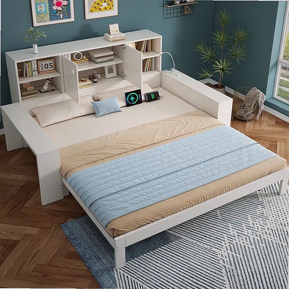 90x200cm Tagesbett mit Ausziehbett 180x200cm Stauraum Schlafsofa, Lattenrost