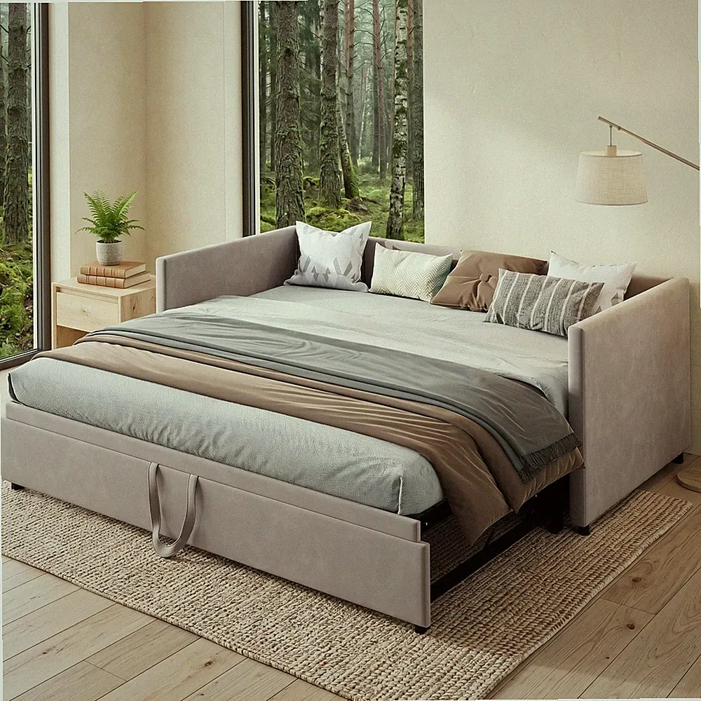 90x200cm Tagesbett mit Ausziehbett, Schlafsofa 180x200 Polsterbett Doppelbett