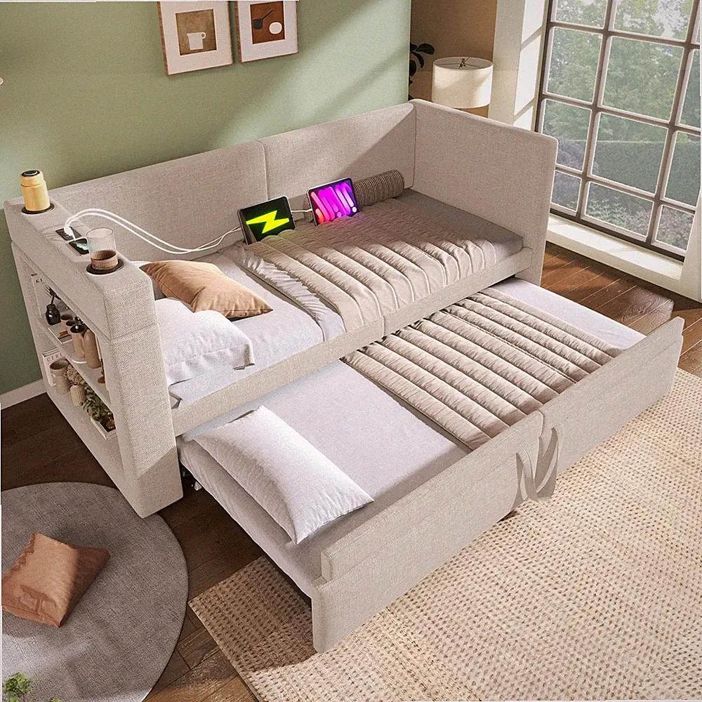 90x200cm Tagesbett mit Ausziehbett, Schlafsofa 180x200cm Polsterbett Doppelbett