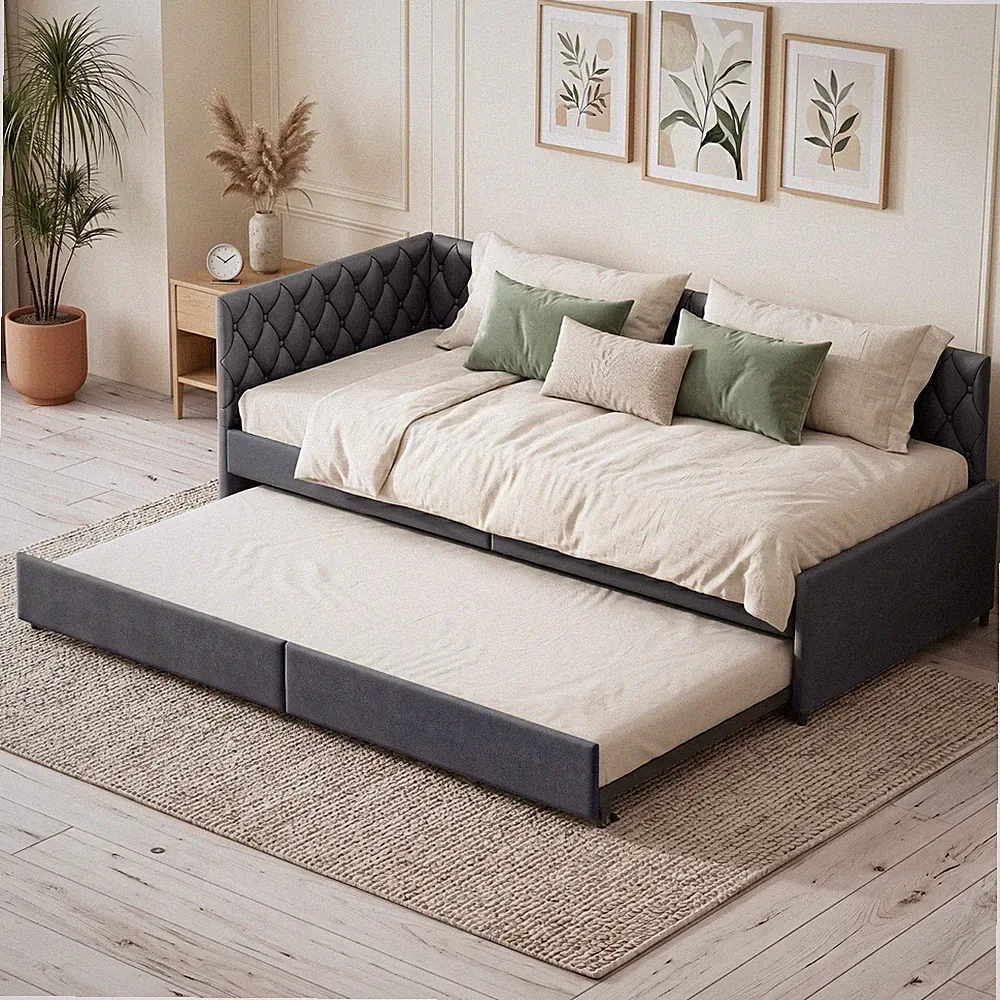 90x200cm Tagesbett mit Ausziehbett, Schlafsofa Polsterbett Doppelbett Lattenrost