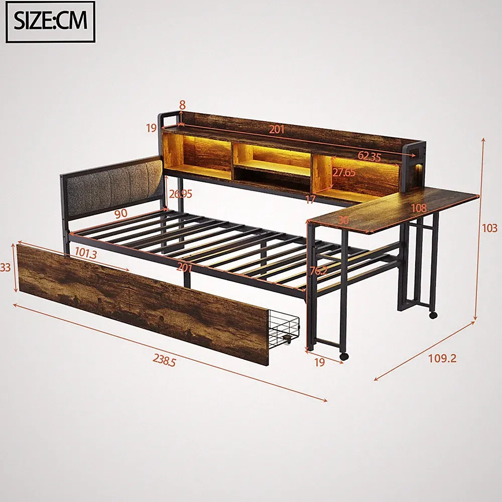 90x200cm Tagesbett Sofabett Kinderbett mit ausklappbarem Schreibtisch, Schublade