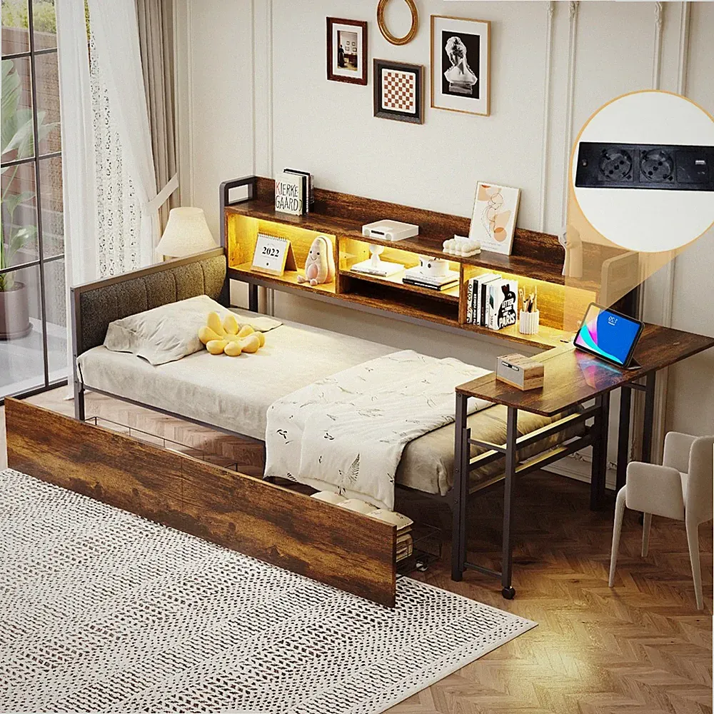 90x200cm Tagesbett Sofabett Kinderbett mit ausklappbarem Schreibtisch, Schublade