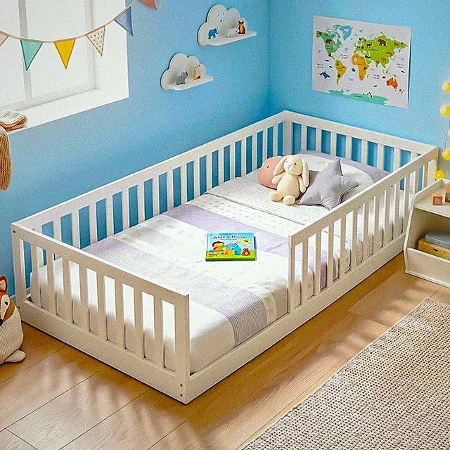 95x200cm Kinderbett Bodenbett bis 200kg belastbar mit Rausfallschutz Zaun