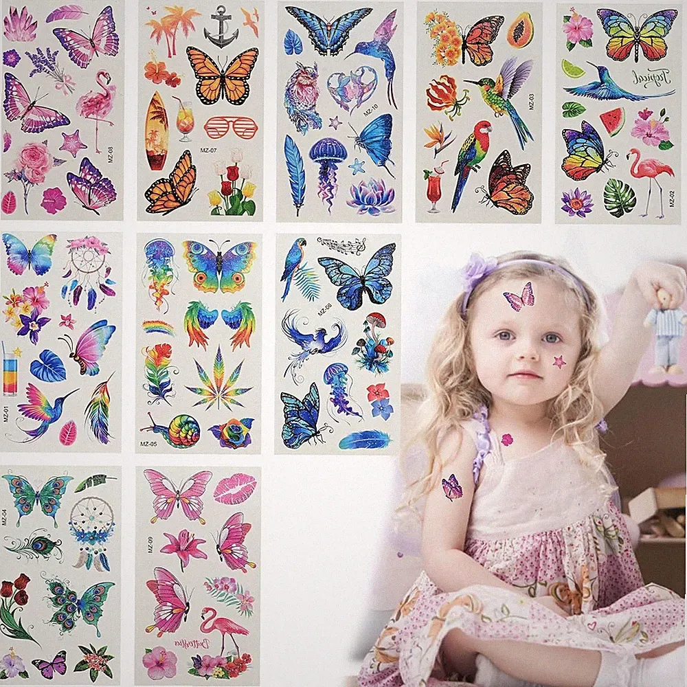Acht Glitzerschmetterling-Tattoos für Kinderaufkleber