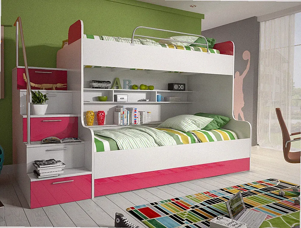 ALEX Hochglanz Doppelbett Etagenbett Hochbett mit Regalen, Treppe und Bettkasten
