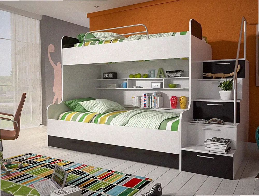 ALEX Hochglanz Etagenbett Doppelbett mit Regalen, Treppe und Bettkasten