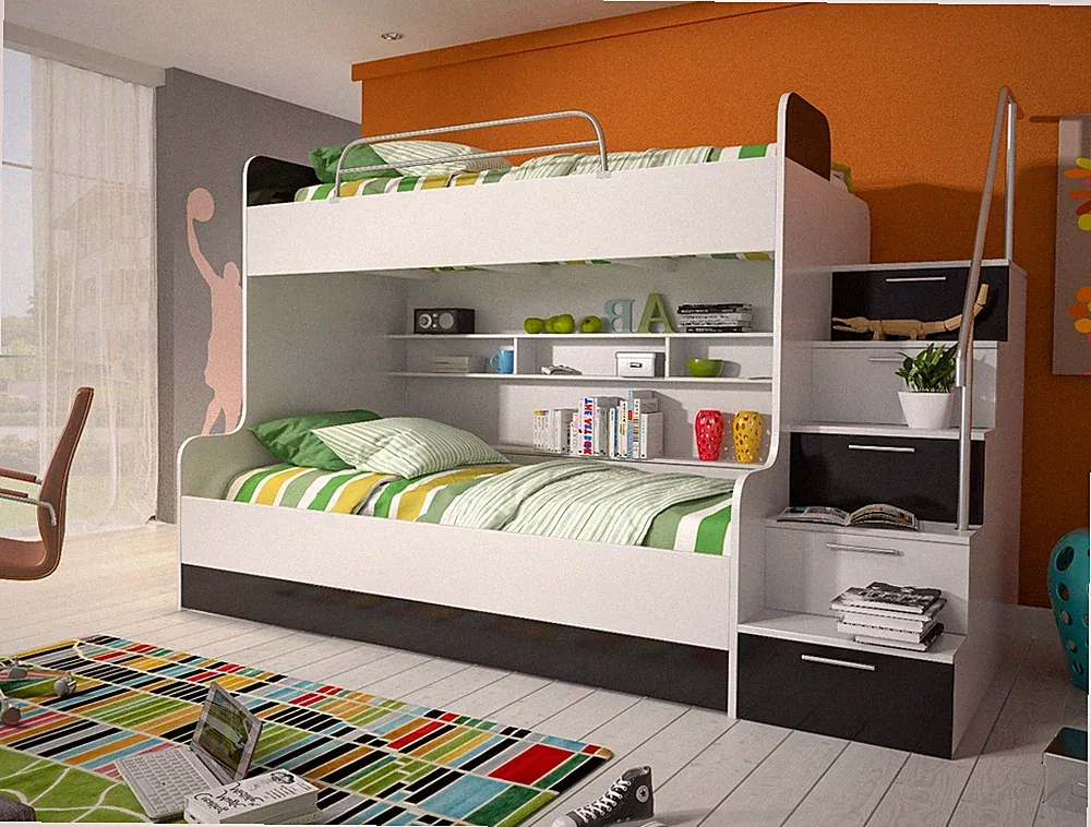 ALEX Hochglanz Hochbett Doppelbett Etagenbett mit Regalen, Treppe und Bettkasten