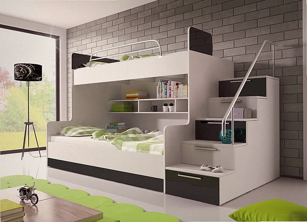 ALEX Hochglanz Hochbett Etagenbett Doppelbett mit Regalen, Treppe und Bettkasten