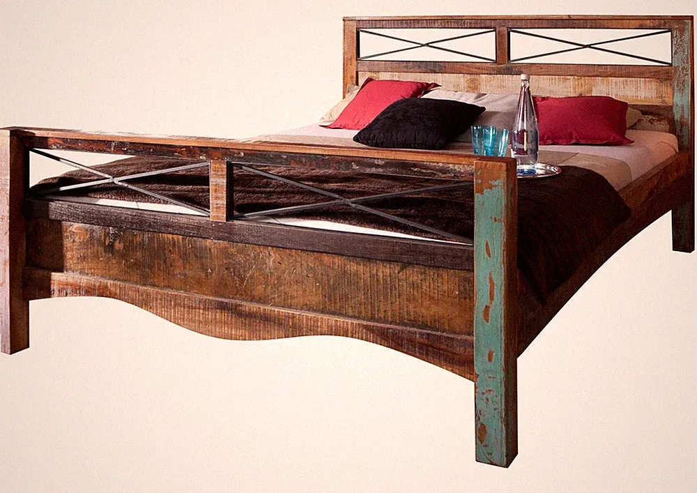 Altholz Bett Unikat mehrfarbig Massivholzbett 180x200 Doppelbett Ehebett massiv