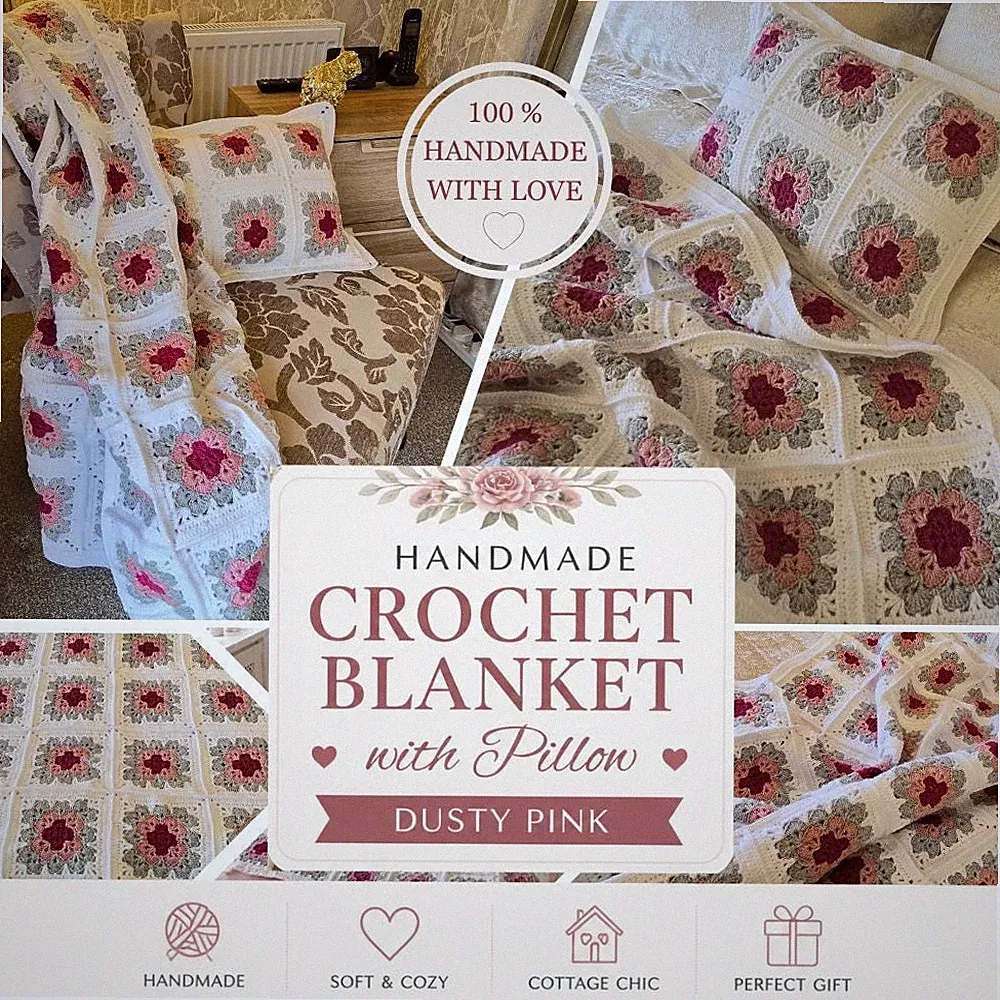 Altrosa Häkeldecke Set mit Kissen Granny Square Landhaus Bettwäsche