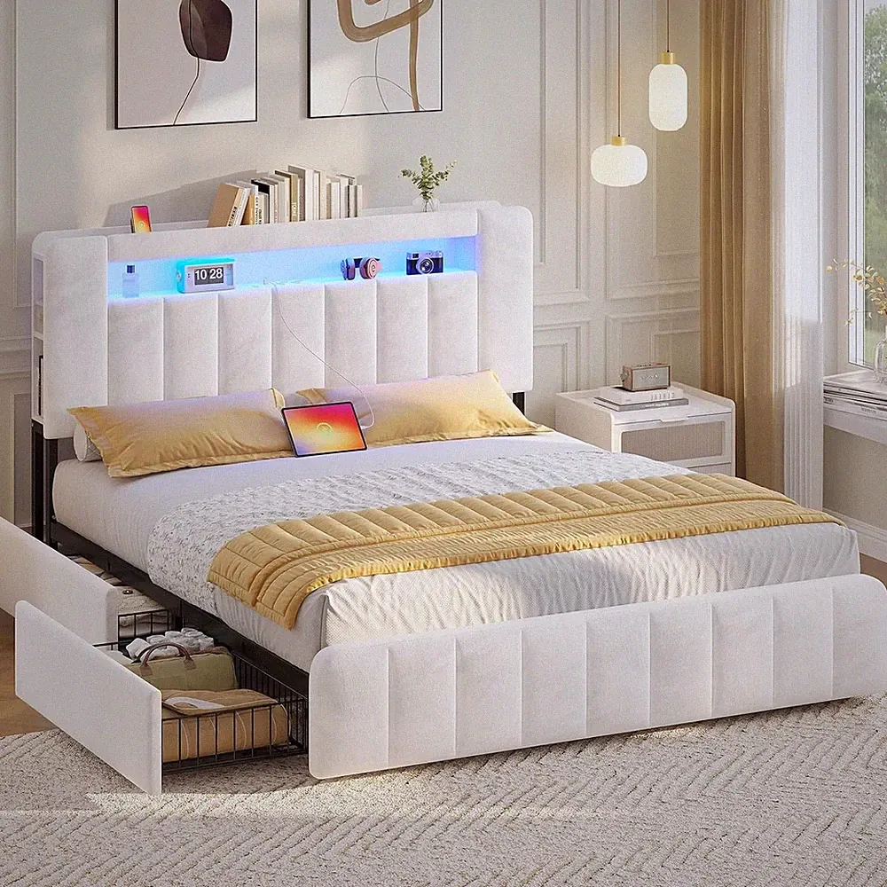 AOGLLATI Polsterbett 160x200 cm mit Stauraum und 4 Schubladen, Beige Samt