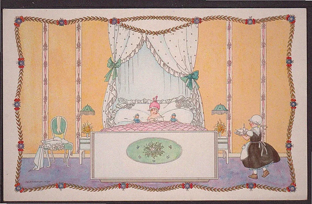Art Deco Künstler Ansichtskarte sign Mela Koehler Wien Frühstück im Bett