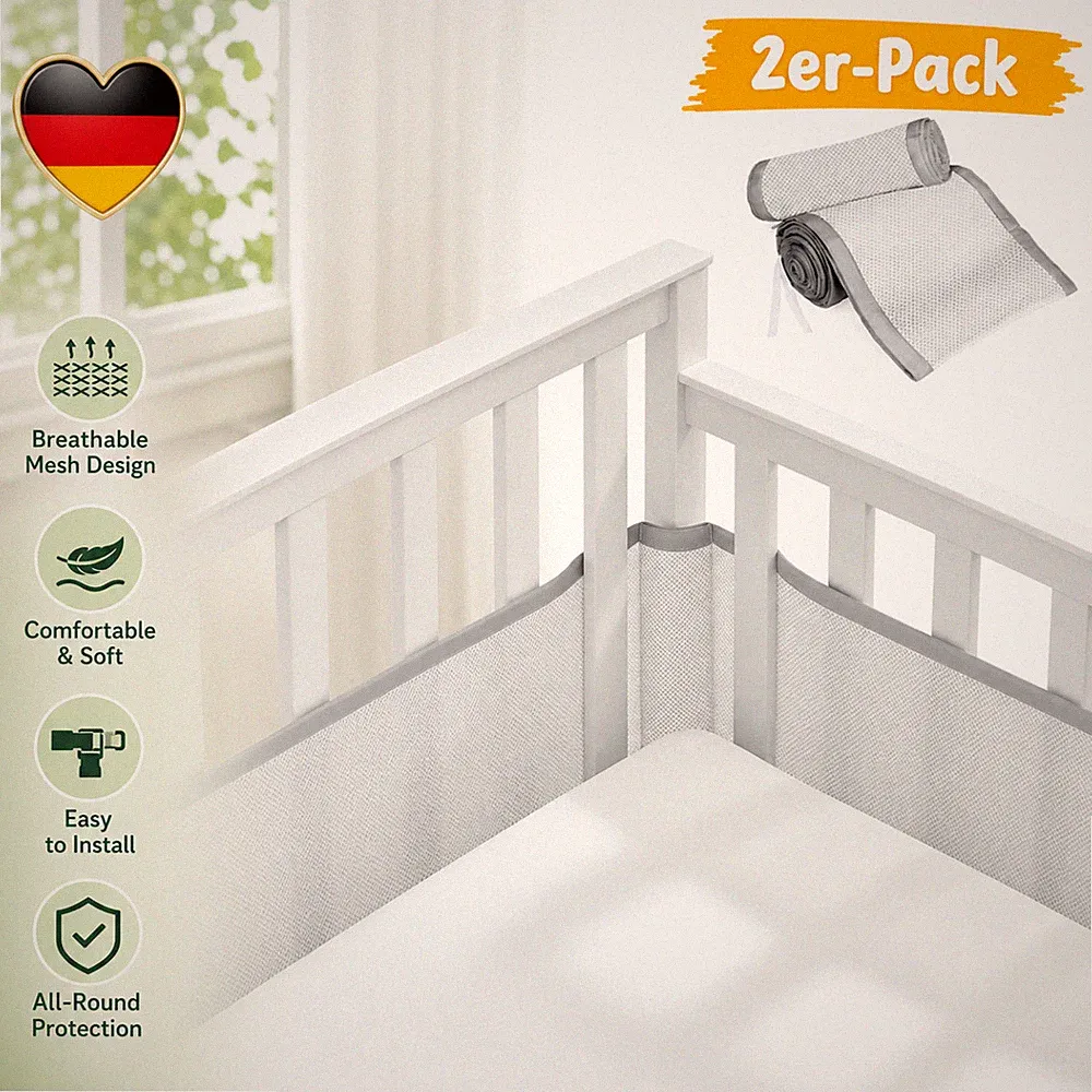 Atmungsaktive Mesh 2 Stück Schutzpolster 30cm BABY Bettgitter 340+160cm Bett DE