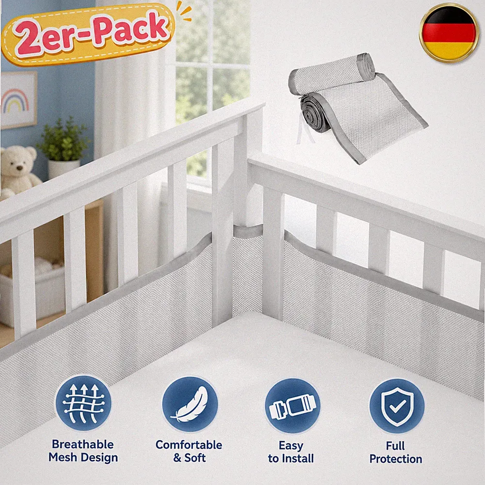 Atmungsaktive Mesh Schutzpolster 340+160cm 30cm 2 Stück BABY Bettgitter Bett DE