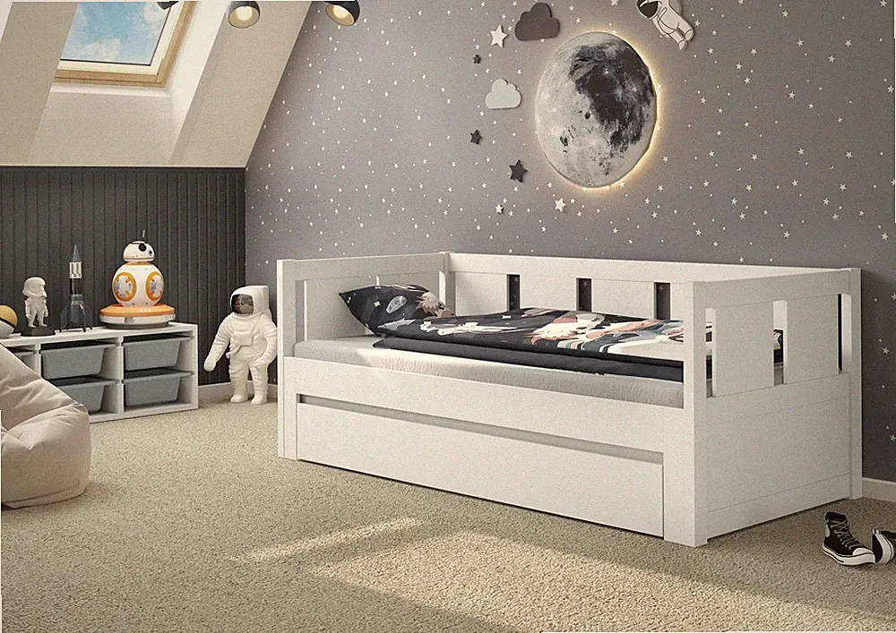 Ausziehbett, 2-in-1-Bett, Tagesbett, Funktionsbett Kiefer weiß, Zubehör wählbar