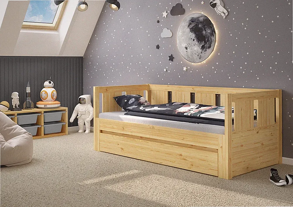 Ausziehbett, Sofabett, Tagesbett, Gästebett Kiefer massiv natur Zubehör wählbar