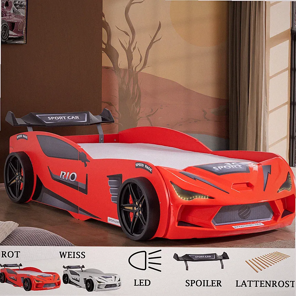 Autobett Kinderbett "Rio" 90x200 Carbon mit LED Leuchte inkl.Lattenrost