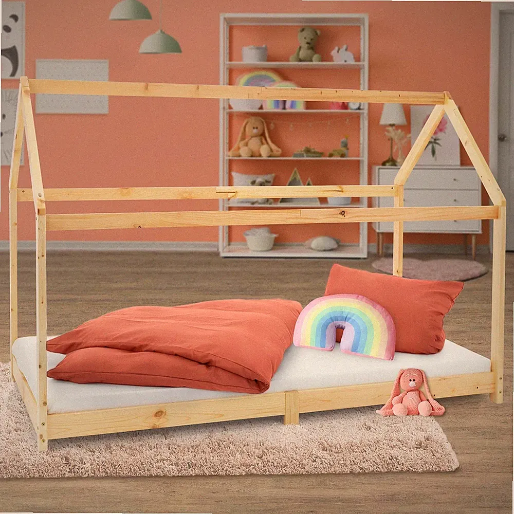 B-Ware Kinderbett Kinderhaus Bettenhaus Tipi Bett Hausbett Holzhaus 90x200 cm