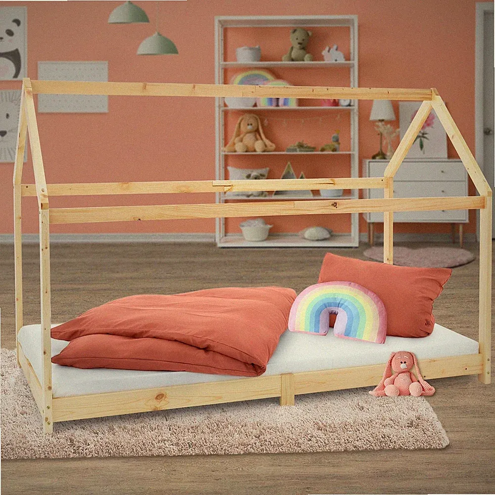 B-Ware Kinderbett Kinderhaus Bettenhaus Tipi Bett Hausbett Holzhaus 90x200 cm